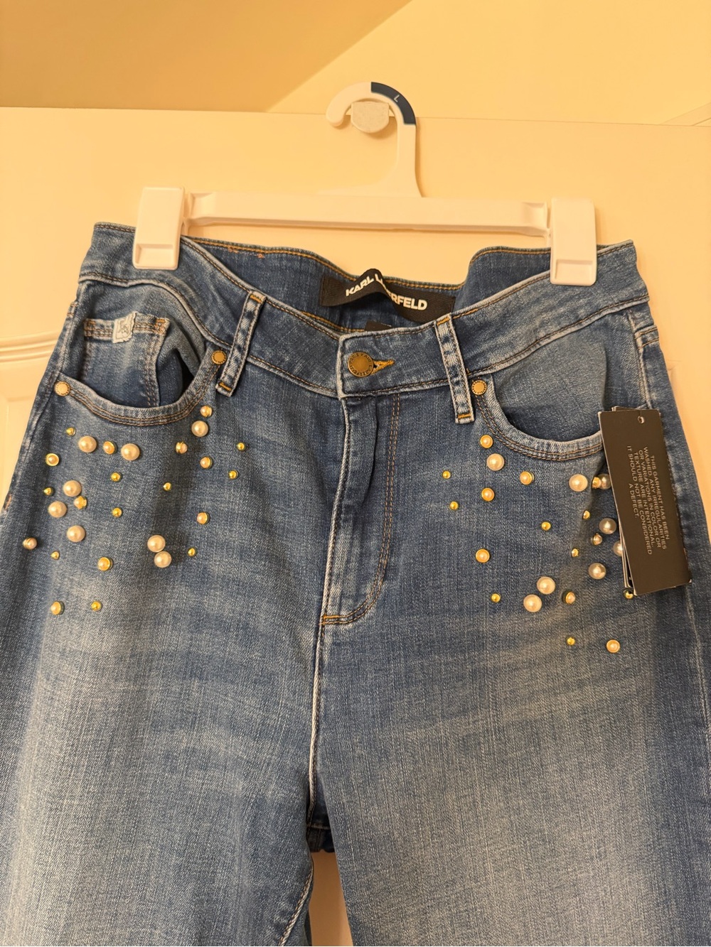 Karl Lagerfeld Paris- Women's Imitation Pearl Denim Jeans - Coastal Blue - Picture 6 of 7